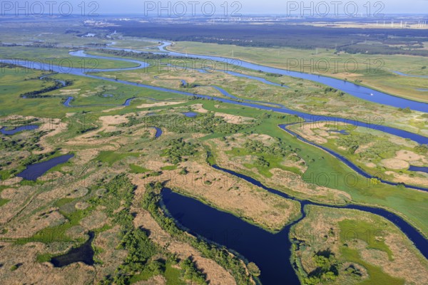 Aerial view over the Oder river in the German-Polish nature reserve Lower Oder Valley International Park, Uckermark district, Brandenburg, Germany