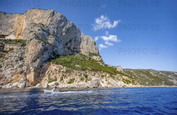 Picturesque rocky coast, cliffs and blue sea, Golfo di Orosei, Baunei, Sardinia, Italy