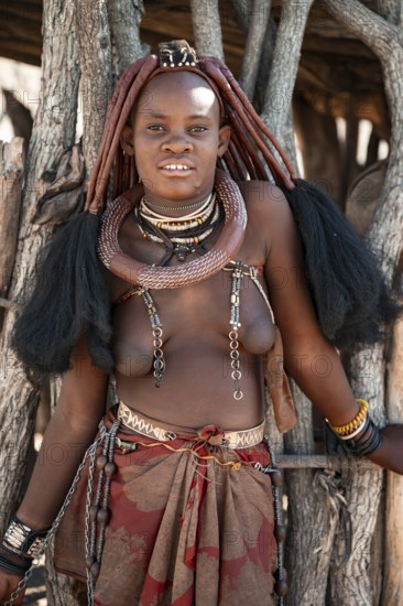 Young woman, Himba woman, traditional Himba village, Kaokoveld, Kunene, Namibia