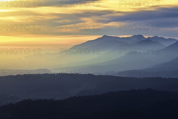 View of the Jura foothills from the Gisliflue, in the light of the setting sun, Talheim, Canton, Aargau, Switzerland