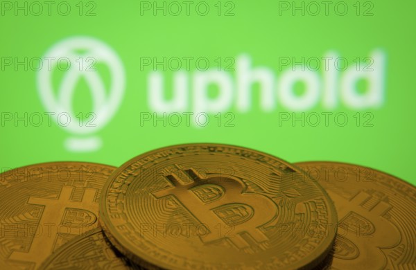 Dhaka, Bangladesh- 19 Sep 2025: Close-up of Bitcoin coins with the Uphold logo visible on a screen in the background