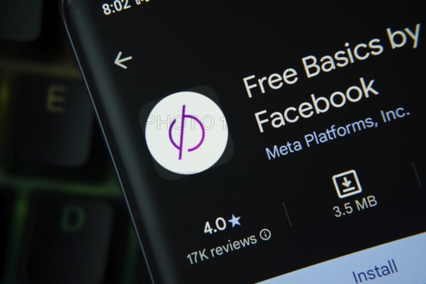 Dhaka, Bangladesh- 27 July 2025: Free Basics by Facebook app from Google Playstore is displayed on a smartphone screen