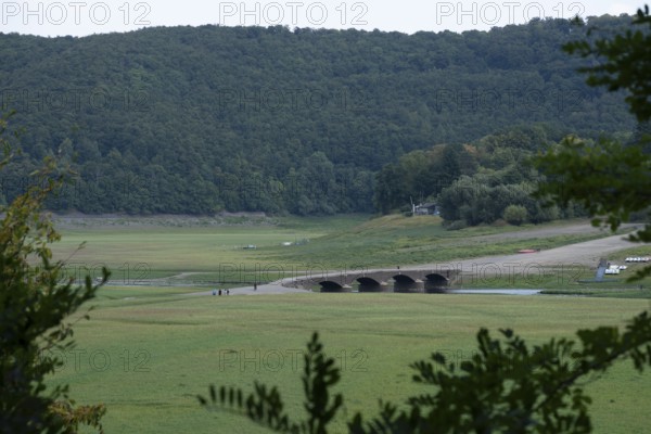 View of Old Bridge Asel, Edersee without water, Hesse, Germany