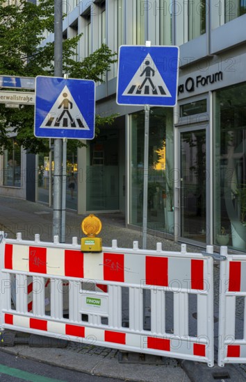 Barriers and signs with traffic signs at road construction sites in Berlin Mitte, Berlin, Germany