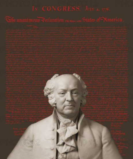 Bust of John Adams, 1735, 1826, second President of the United States, digitally optimized, in the background the Declaration of Independence of the thirteen united States of America, July 4, 1776