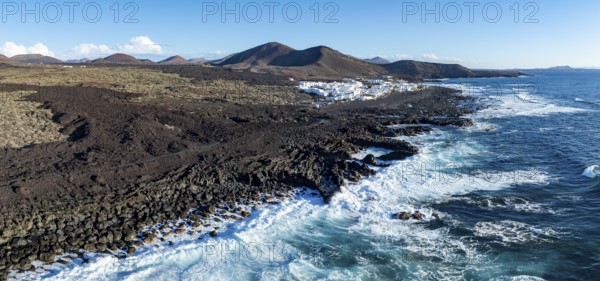 Coastal village fishing village El Golfo, volcanic landscape, coastal landscape, aerial view, Lanzarote, Canary Islands, Spain