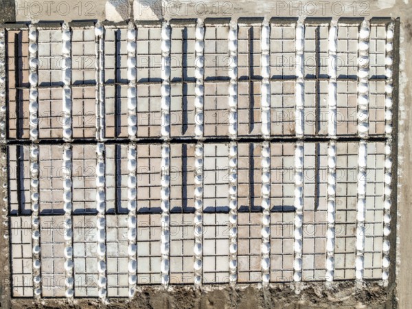 Salt mining plant, Salinas de Janubio, top-down, near Yaiza, drone shot, Lanzarote, Canary Islands, Spain