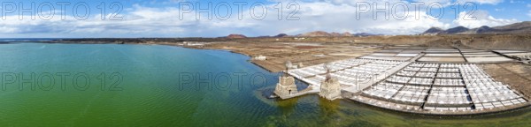 Salt mining plant, Salinas de Janubio with green Laguna de Janubio, near Yaiza, aerial view, Lanzarote, Canary Islands, Spain