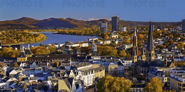 Autumn panoramic view from the town house of Bonn Minster, the Post Tower, the Rhine and the Siebengebirge, Bonn, North Rhine-Westphalia, Germany