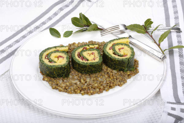 Southern German cuisine, polenta spinach roulade with alblentils served on serving platter, bay leaves, lentil vegetables, smoked meat, bacon cubes, healthy, food photography, studio, Germany