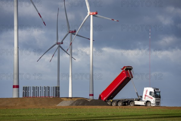 Construction site of the new Bedburg 3 wind farm, on recultivated open-cast mining site, 9 wind power plants with an output of 60 megawatts are being built, finished foundation on which the wind turbine tower is then built, operated by RWE and the city of Bedburg, North Rhine-Westphalia, Germany
