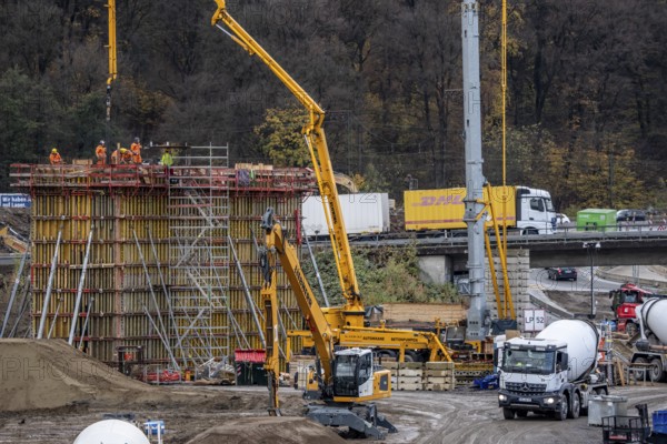 Concreting of a new bridge pillar at the Duisburg-Kaiserberg motorway junction, complete conversion and construction of the A3 and A40 intersections, all bridges, ramps, roadways are renewed and in part extended, construction period of 8 years, railway bridges running there will also be renewed, North Rhine-Westphalia, Germany