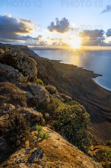 View of steep cliffs on sea and coast, Mirador del Porrito viewpoint at sunset, Lanzarote, Canary Islands, Spain