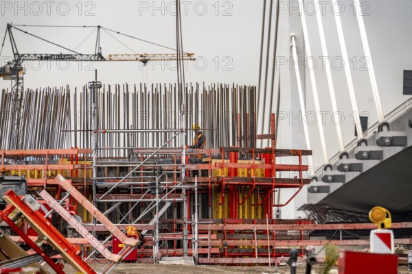 Duisburg-Neuenkamp Rhine bridge, the A40 motorway, construction of the second bridge begins, bridge pillars are being built on the Du-Homberg side of the Rhine, North Rhine-Westphalia, Germany