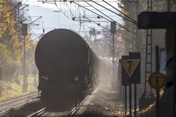 Freight train on the so-called Schusterbahn, a bypass of Stuttgart Central Station. Stuttgart, Baden-Württemberg, Germany