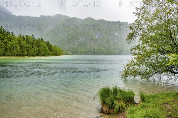 Landscape of Lake Offensee on a rainy day in spring, Salzkammergut, Austria