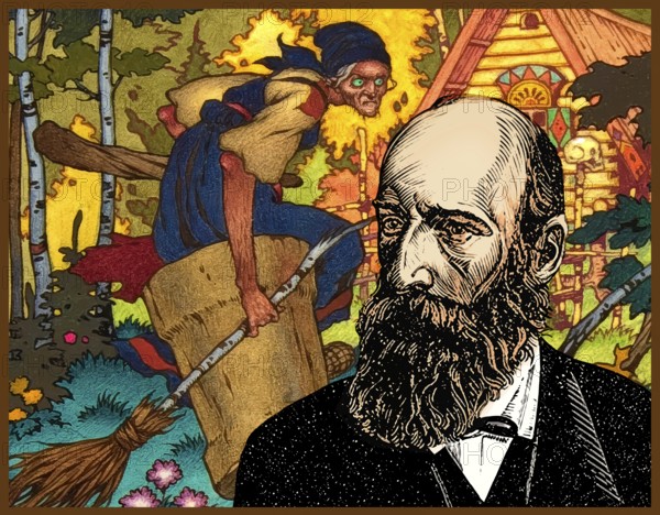 Portrait of Alexander Nikolayevich Afanasyev, 1826 – 1871, Russian Slavist, folklorist, literary critic and ethnographer, best known for publishing East Slavic and Russian fairy and folk tales, illustration by Boris Wassiljewitsch Sworykin, Wassilissa or Vasilisa the Beautiful, a Russian fairy tale collected by Alexander Afanasyev in Narodnye russkie skazki