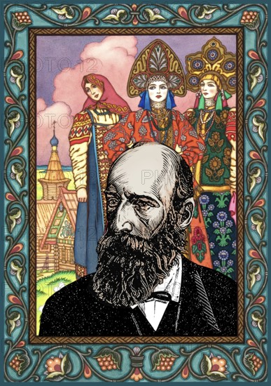 Portrait of Alexander Nikolayevich Afanasyev, 1826 – 1871, Russian Slavist, folklorist, literary critic and ethnographer, best known for publishing East Slavic and Russian fairy and folk tales, illustration by Boris Wassiljewitsch Sworykin, Wassilissa or Vasilisa the Beautiful, a Russian fairy tale collected by Alexander Afanasyev in Narodnye russkie skazki