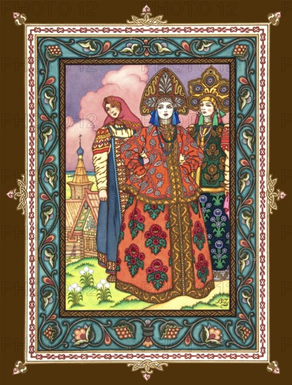 Illustration by Boris Wassiljewitsch Sworykin, Wassilissa or Vasilisa the Beautiful, a Russian fairy tale collected by Alexander Afanasyev in Narodnye russkie skazki, digitally optimized