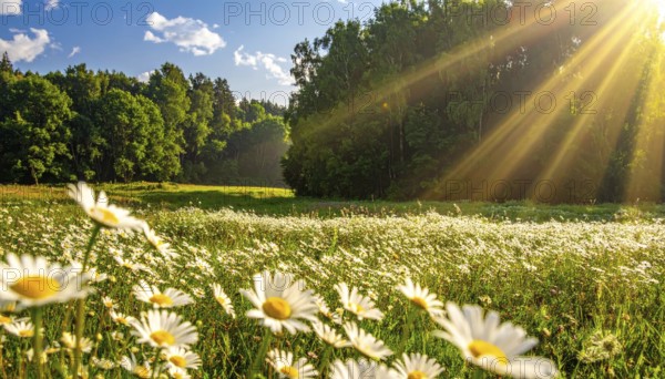 A sunlit meadow with daisies against a forest backdrop under a blue sky, Late summer country landscape with daisies meadow and sunbeams, forest in blurred background, hilly landscape in sunrise or sunset, tranquil nature template or poster for beauty of nature, AI generated