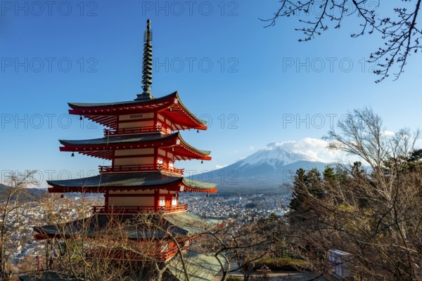 Five-story pagoda of a Shinto Shrine, Chureito Pagoda, with views of Fujiyoshida City and Mount Fuji Volcano, Arakura Fuji Sengen Shrine, Arakurayama Sengen Park, Yamanashi Prefecture, Japan