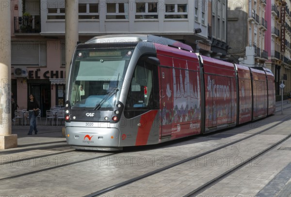 Light rail tram city public transport system CAF Urbos 3 trams, Tranvía de Zaragoza, Zaragoza, Aragon Spain