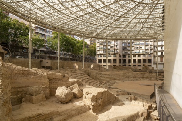 Covered ruins of Roman theatre amphitheatre, Zaragoza, Aragon, Spain