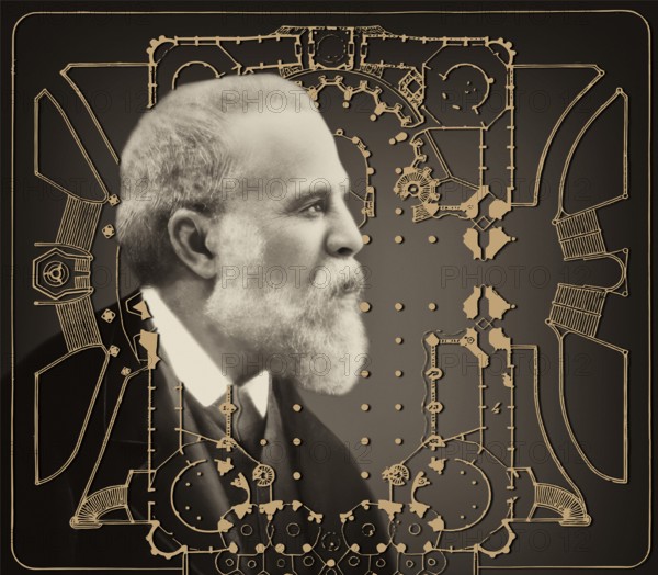 Portrait of Antoni Gaudí i Cornet, 1852 – 1926, Catalan architect and designer from Spain, the greatest exponent of Catalan Modernisme, Floor plan of the Basílica i Temple Expiatori de la Sagrada Família, known as Sagrada Família, Barcelona, Catalonia, Spain, digitally edited