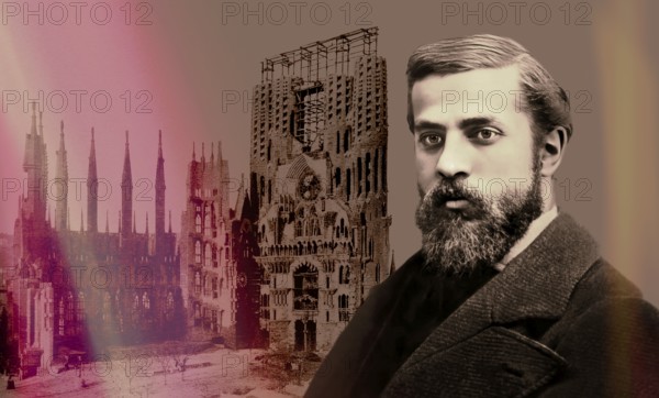 Portrait of Antoni Gaudí i Cornet, 1852 – 1926, Catalan architect and designer from Spain, the greatest exponent of Catalan Modernisme, Construction site of the Basílica i Temple Expiatori de la Sagrada Família, known as Sagrada Família, 1908, Barcelona, Catalonia, Spain, digitally edited