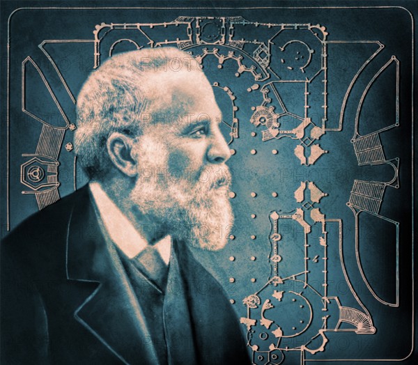 Portrait of Antoni Gaudí i Cornet, 1852 – 1926, Catalan architect and designer from Spain, the greatest exponent of Catalan Modernisme, Floor plan of the Basílica i Temple Expiatori de la Sagrada Família, known as Sagrada Família, Barcelona, Catalonia, Spain, digitally edited