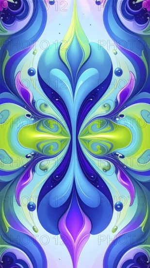 Symmetric Abstract Bright Liquid Ornament Background, futuristic wallpaper template illustration, vibrant blue and green neon hues, AI generated