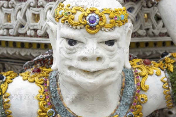 Decorative elements with pop culture references (for example comics, superheroes) in the stucco and porcelain vases outside and inside the art hall with modern art trends such as minimalism and abstraction, Wat Pariwat, Yan Nawa district, Bangkok, Thailand