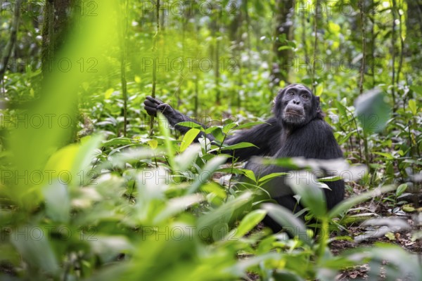 Chimpanzee (Pan Troglodytes) among green leaves, adult male among leaves in the jungle, Kibale National Park, Uganda
