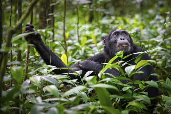 Animal portrait, chimpanzee (Pan Troglodytes) looking longingly, hopeful, adult male between leaves in the jungle, Kibale National Park, Uganda