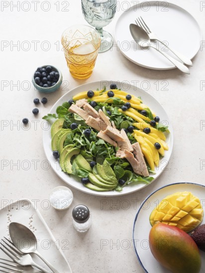 Delicious and healthy tuna salad with mango, avocado, blueberries, and lamb's lettuce, served on a white plate