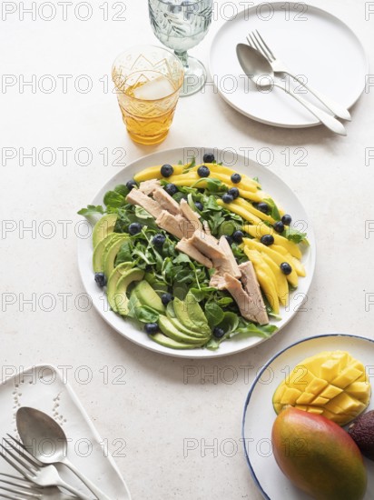 Healthy tuna salad with mango, avocado, blueberries and lamb's lettuce, served on a white plate