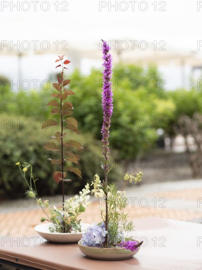 Two ikebana arrangements created during a workshop, featuring purple loosestrife, hydrangea, and other plants, showcased on a table