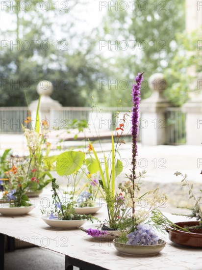 Colorful ikebana flower arrangements sitting in shallow bowls on a table during an outdoor workshop