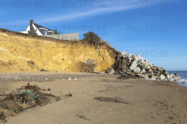 Clifftop houses at risk from coastal erosion, Thorpeness, Suffolk, North Sea coast, England, UK October 2025