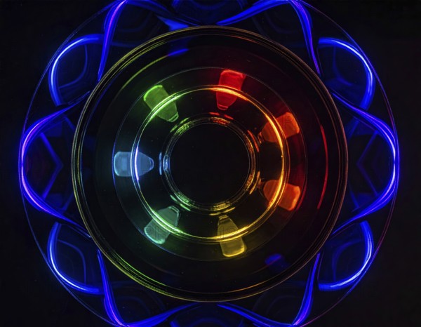 Abstract background of slightly unfocused multicolored glass lenses spinning and rotating, wallpaper illustration in vibrant neon colors, mandala background for business, textures and pattern, AI generated