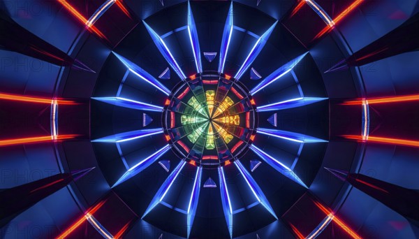 Abstract background of slightly unfocused multicolored glass lenses spinning and rotating, wallpaper illustration in vibrant neon colors, mandala background for business, textures and pattern, AI generated