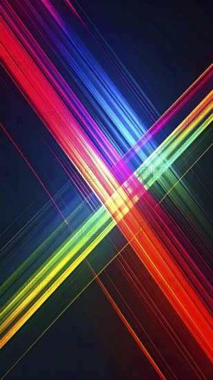 Abstract digital art featuring vibrant, intersecting neon lines creating a geometric pattern, Intersecting neon lines form a vibrant abstract geometric grid against a black background, Seamless looping illustration, colorful diagonal lines, creating a modern dynamic template background, vibrant colored lines and geometric forms for business or technology wallpaper, AI generated