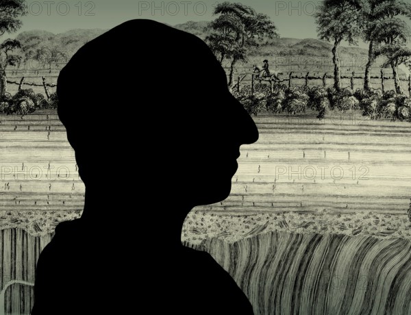 Silhouette of James Hutton, 1726 – 1797, Scottish geologist, agriculturalist, naturalist and physician, the Father of Modern Geology, in the background The Unconformity at Jedburgh, Scotland, illustration by John Clerk of Eldin from the publication Theory of the Earth, digitally edited