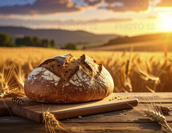 Rustic loaf of whole grain bread, fresh baked, close up of bread on dark wooden table, golden rust, soft lighting with blurred background, symbol for bakery and agriculture, healthy eating background, AI generated