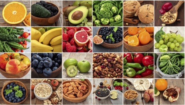 Food collage of various biological and organic fruits and vegetables, fresh healthy lifestyle, with a variety of vitamins, citrus fruits, green and red organic vegetables, kiwi, bananas, apple, avocados, tomatoes and green salad, symbolic background illustration for banner, template or wallpaper, AI generated