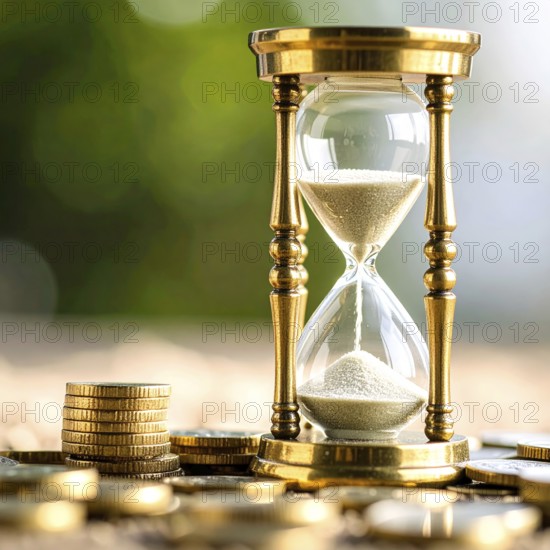 Hourglass and stacked golden coins, illustrating currency fluctuation and time impact commodities value, symbolizing fluctuating finance market changes, business setting, glass with sand on wooden table in the office, blurred background, wallpaper illustration, AI generated