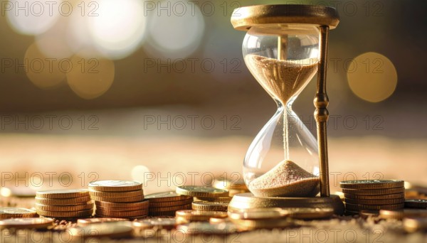 Hourglass and stacked golden coins, illustrating currency fluctuation and time impact commodities value, symbolizing fluctuating finance market changes, business setting, glass with sand on wooden table in the office, blurred background, wallpaper illustration, AI generated