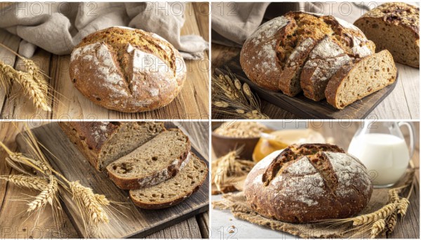 Collage of rustic loaf of whole grain bread, bread on dark rustic wooden table, great variety of grain and whole wheat bread, illustration wallpaper for bakery and healthy food lifestyle, AI generated