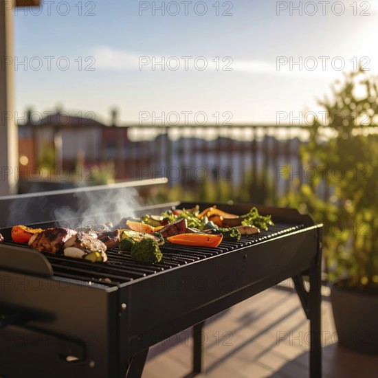 Cooking vegetables on grill on the balcony, healthy lifestyle, vegetarian barbeque, leisure time in summer, suburban setting with blurred background, soft golden light of evening, blue sky, AI generated