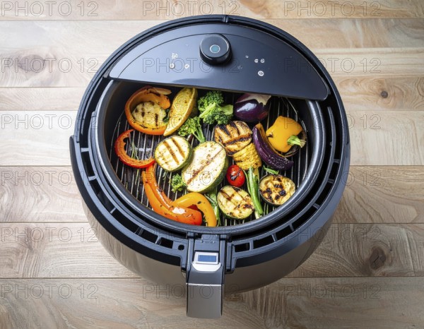 Air fryer with grilled vegetables, wooden table in the kitchen, healthy eating, healthy vegetarian lifestyle with fruits and vegetables, close up with blurred background, soft light, AI generated